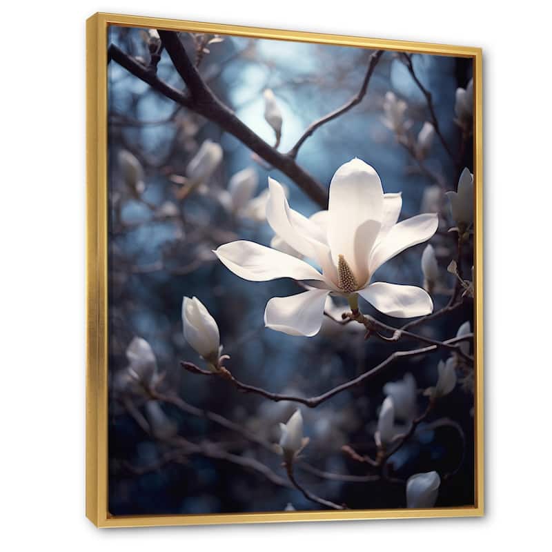 Designart "White Blue Magnolias Elegance Landscape" Magnolias Framed Canvas Wall Art Bed Bath